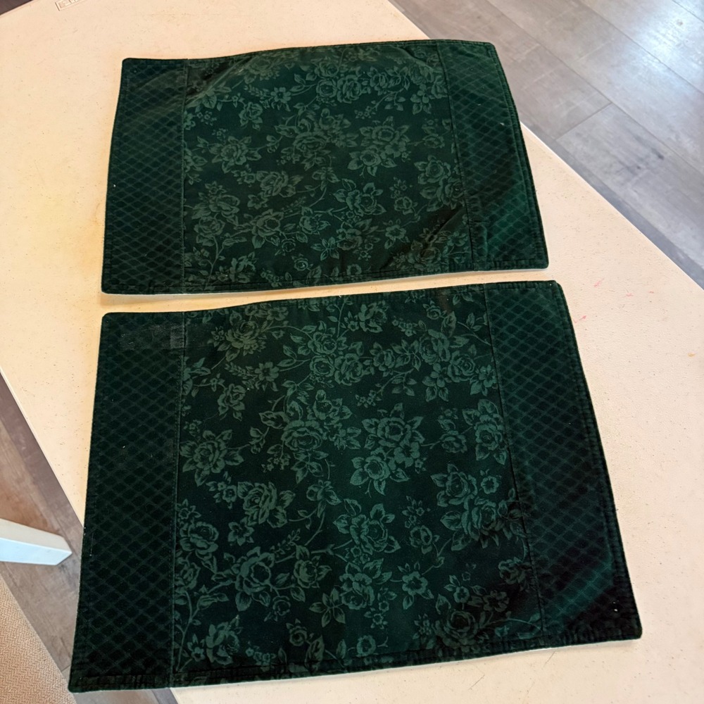 Vintage Forest Green Velvet Floral Rose Embossed Placemats Set of 2 Quilted Edge